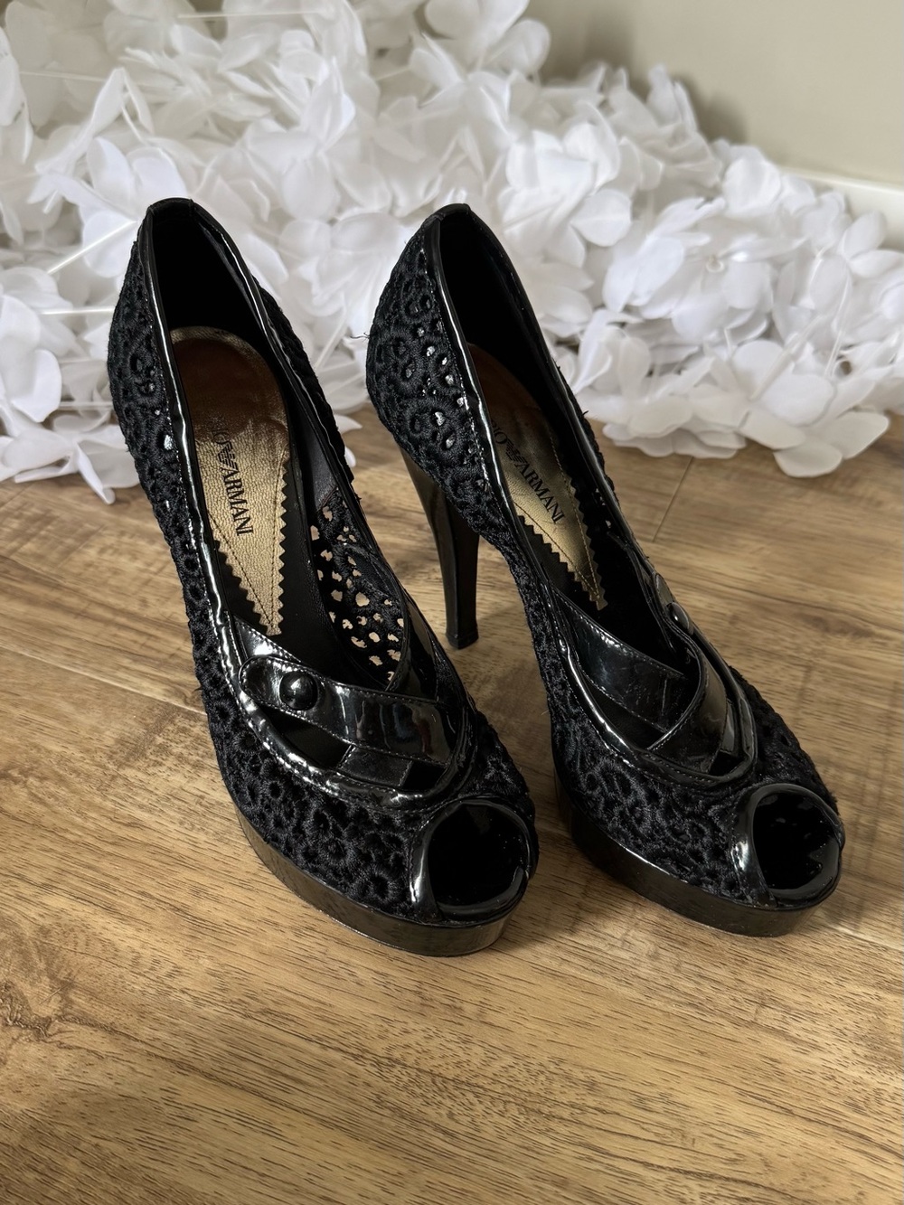 Emporio Armani Black Lace Peep-Toe Stiletto Heels